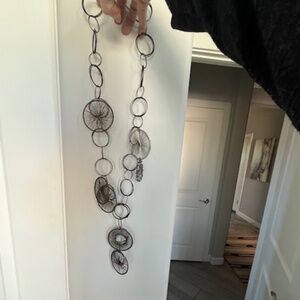 Unique 70s artisan-crafted gunmetal interlocked wire circles necklace 21" Boho
